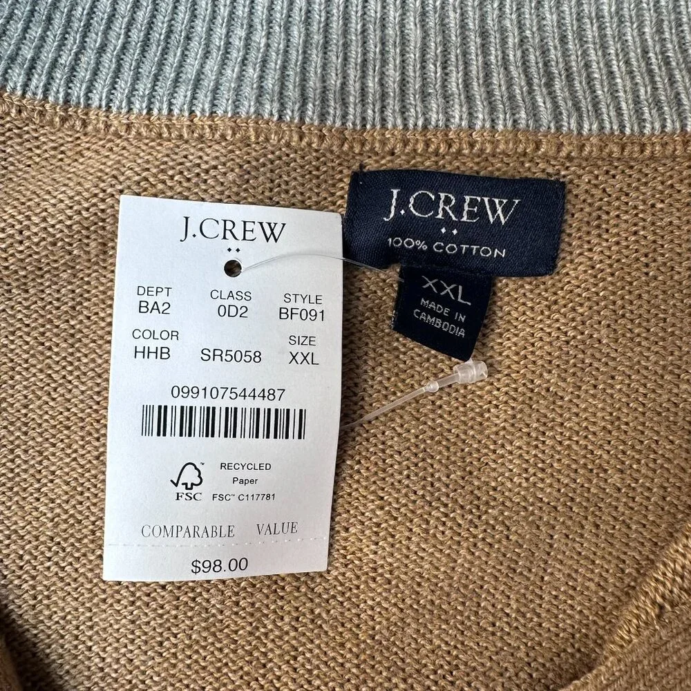 J. Crew Men's Cotton Half Zip Mock Neck Knit Pullover Sweater Top Size XXL Brown